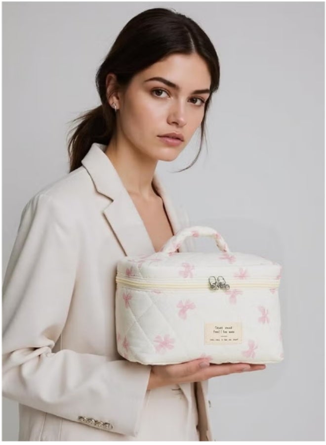 3PCS Quilted Makeup Bag Set Cute Beauty Makeup Bag Large Capacity for Travel Toiletry Women Girls (White-pink Bow) - Image 3
