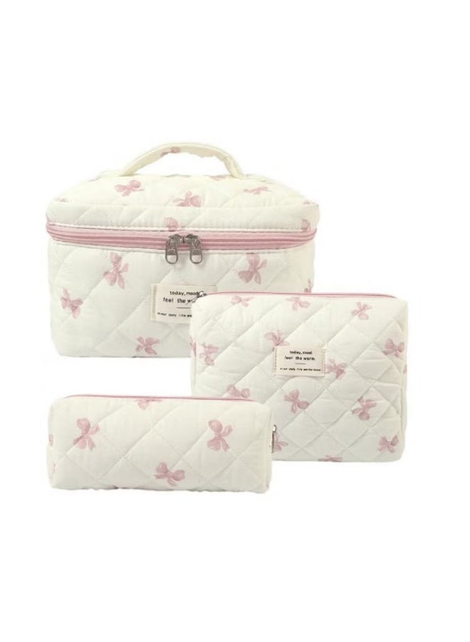 3PCS Quilted Makeup Bag Set Cute Beauty Makeup Bag Large Capacity for Travel Toiletry Women Girls (White-pink Bow) - Image 1