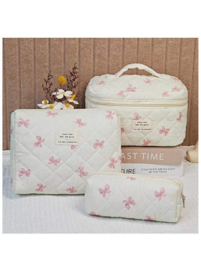 3PCS Quilted Makeup Bag Set Cute Beauty Makeup Bag Large Capacity for Travel Toiletry Women Girls (White-pink Bow) - Image 4