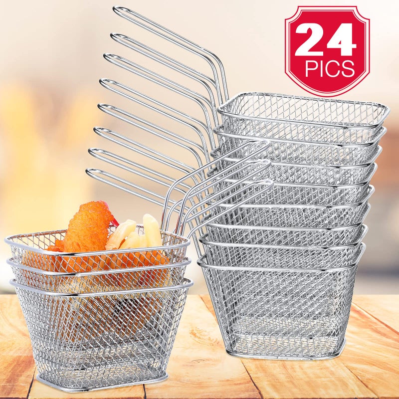 Potchen 24 Pcs Mini Square Fry Basket Stainless Steel French Fries Holder Deep Fryer Baskets Only Square Mesh Food Basket With Handles Small Serving Basket For Kitchen Restaurant Cafe Barbecue (Silver) - Image 2