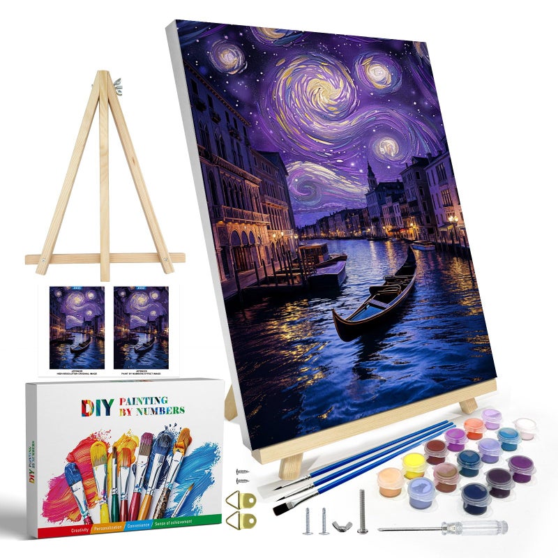 JOOZ Paint by Numbers Kit for Adults with Frame Starry Night Paint by Numbers with Easel DIY Town River Boat Paint by Numbers Landscape for Home Wall Decor 8 x 12 Inch
