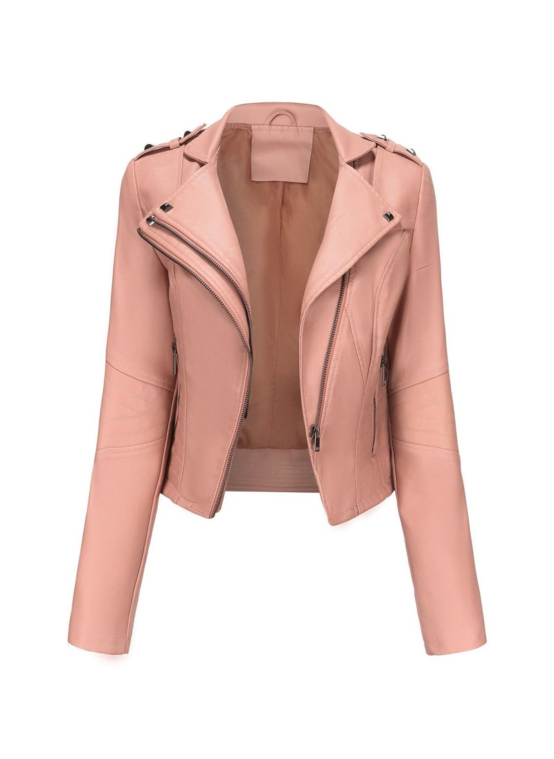 Loquat Women's New Popular Short Fit Coat Zipper Leather Jacket Pink  - Image 1