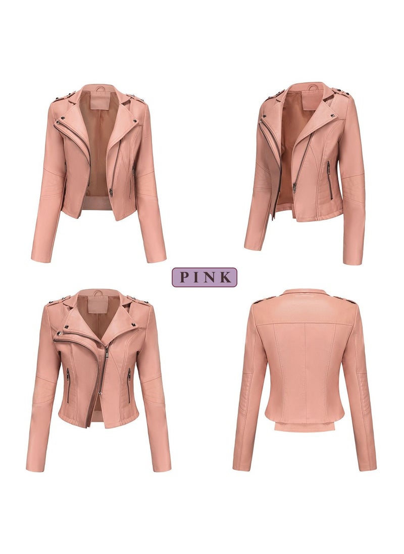 Women's New Popular Short Fit Coat Zipper Leather Jacket Pink - pzsku/Z5653006173A5A52179B8Z/45/_/1691897686/b2570335-879d-4c81-bdc0-ca0eaeb2bb28