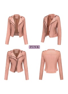 Loquat Women's New Popular Short Fit Coat Zipper Leather Jacket Pink  - Image 2