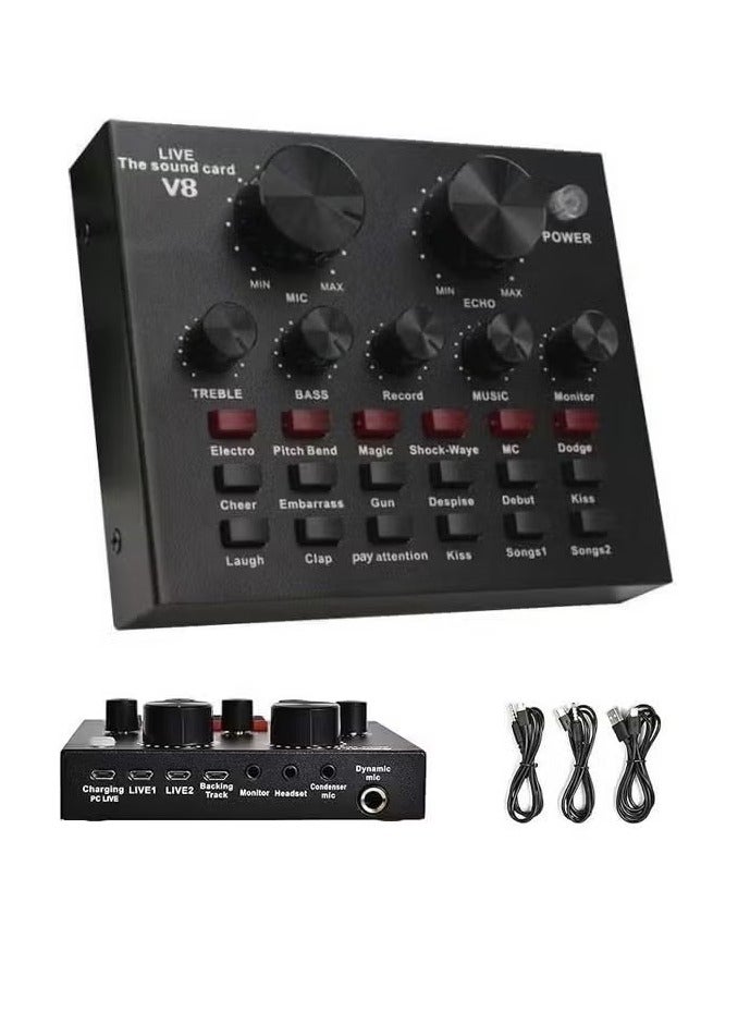 في8 كارت صوت V8 مع لوحة مزج بلوتوث ومغير صوت وكارت صوت حي, لوحة مزج صوت خارجية، USB مباشر، مغير صوت مع تأثيرات صوتية متعددة للتسجيل المباشر و الدردشة الصوتية المنزلية - Image 1