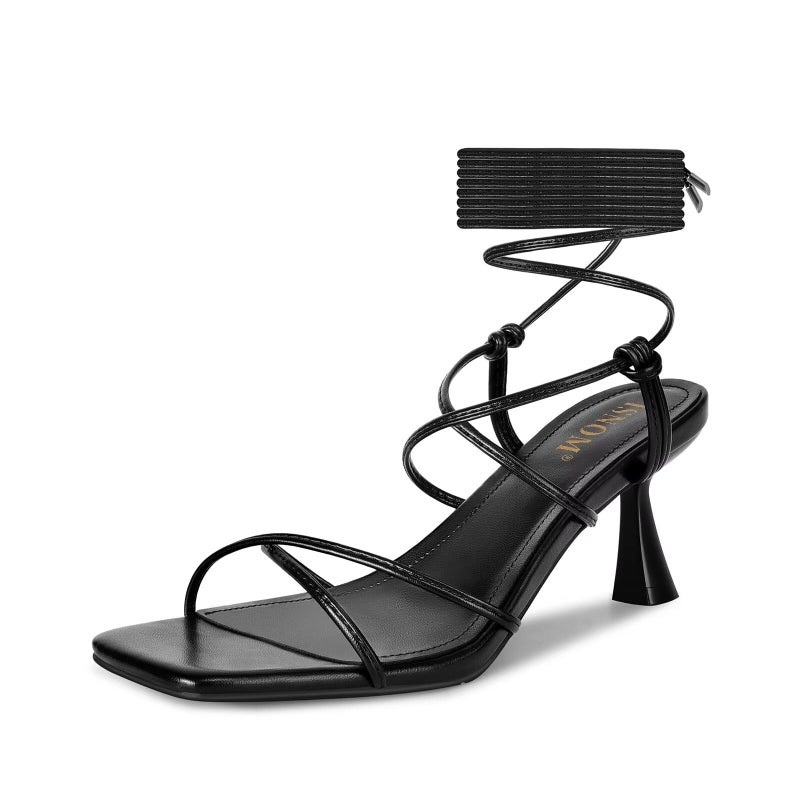 ISNOM Black Lace Up Heels for Women - Stiletto & Kitten Heel Options - Tie Up & Wrap Around Sandals - Dressy Summer Heels - Square Toe - Cute Heeled Wedding Heel - Image 1