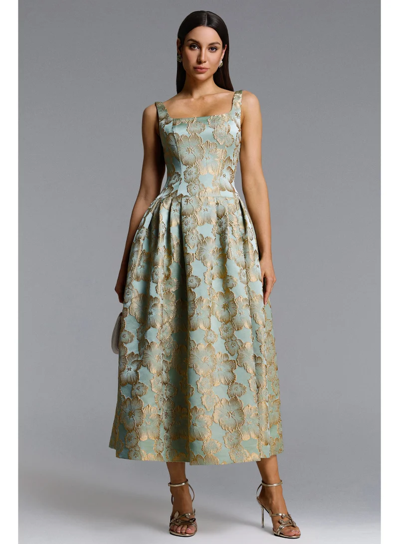 Bella Barnett Kerta Elegant Tailored Square Neck Jacquard Pleated Floral Maxi Dress