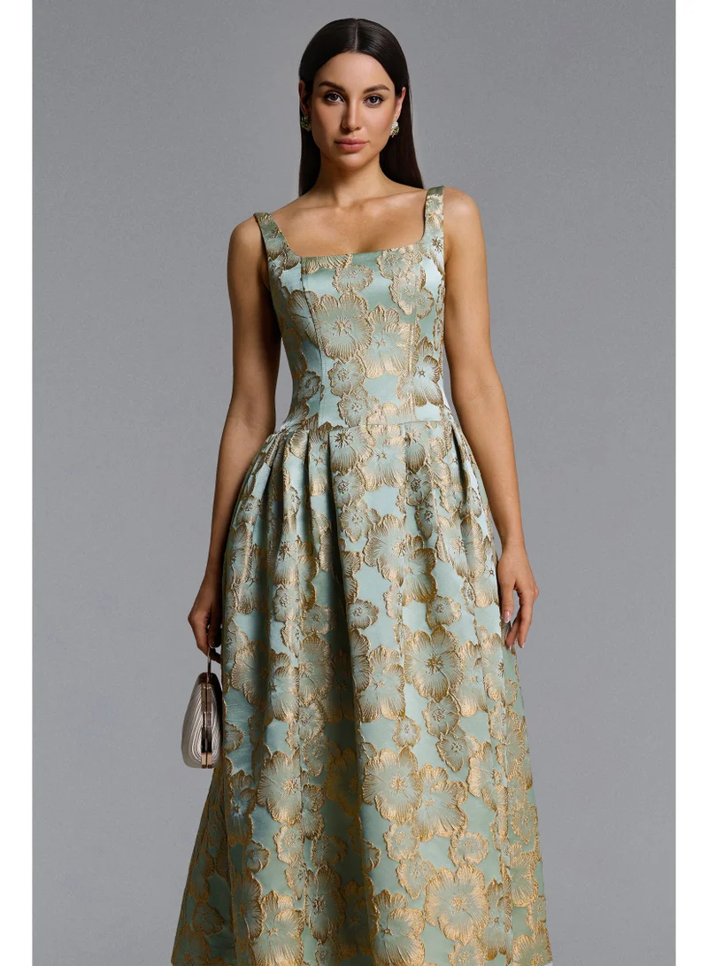 Bella Barnett Kerta Elegant Tailored Square Neck Jacquard Pleated Floral Maxi Dress