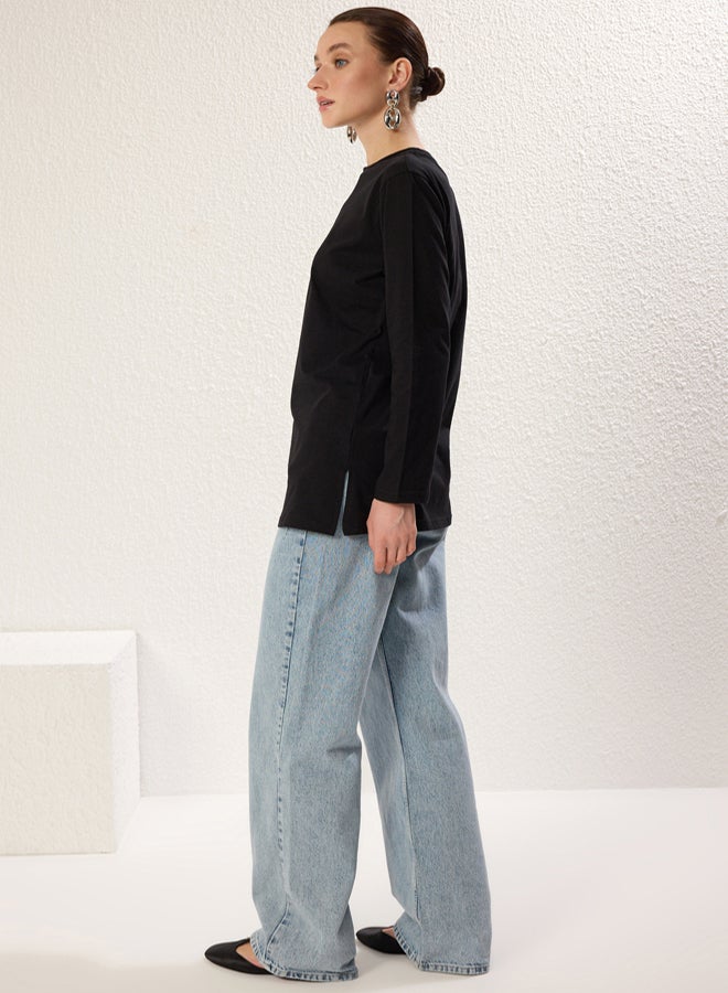 trendyol Black Long Sleeve Slit Detailed Knitted T-Shirt - Image 2