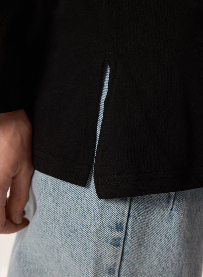 trendyol Black Long Sleeve Slit Detailed Knitted T-Shirt - Image 4