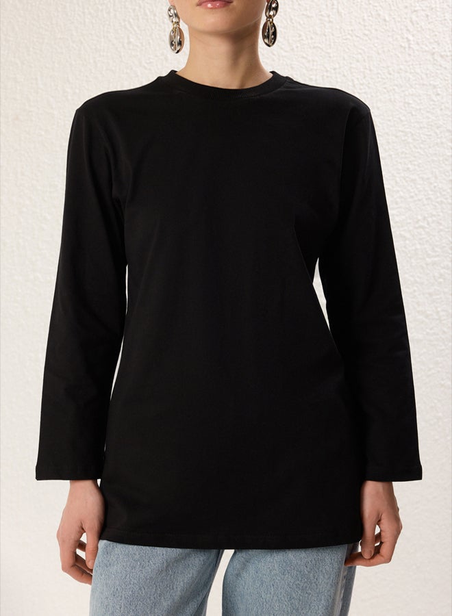 trendyol Black Long Sleeve Slit Detailed Knitted T-Shirt - Image 3