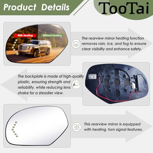 Tootai Driver Side Replacement Mirror Glass compatible with Cadillac & GMC vehicles - 2007-2008 Escalade, ESV, EXT | 2007-2008 Sierra 1500/2500HD, Yukon/Yukon XL 1500, Turn Signal, LH, 15874992 - Image 3