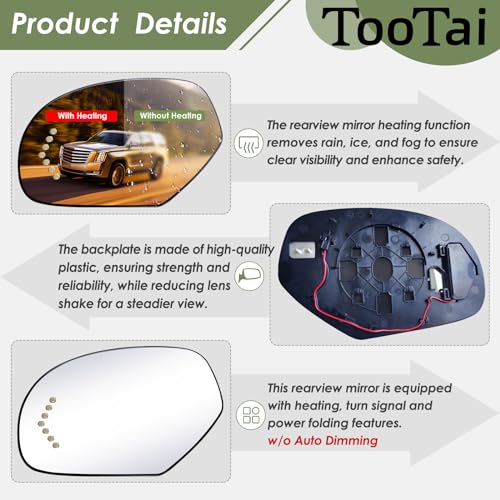 Tootai Driver Side Replacement Mirror Glass compatible with Cadillac & GMC vehicles - 2007-2008 Escalade, ESV, EXT | 2007-2008 Sierra 1500/2500HD, Yukon/Yukon XL 1500, Turn Signal, LH, 15874992 - Image 4