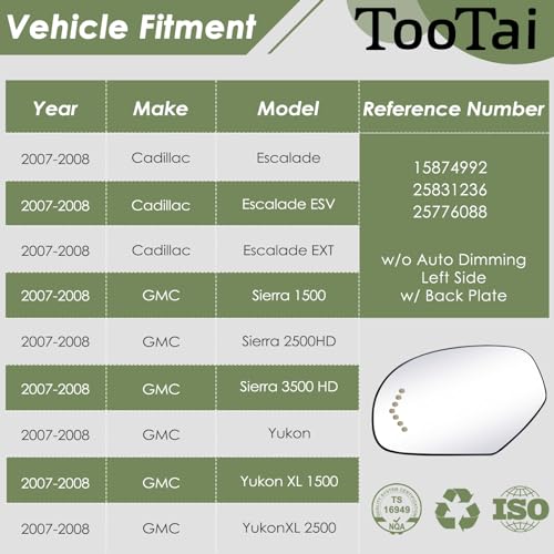 Tootai Driver Side Replacement Mirror Glass compatible with Cadillac & GMC vehicles - 2007-2008 Escalade, ESV, EXT | 2007-2008 Sierra 1500/2500HD, Yukon/Yukon XL 1500, Turn Signal, LH, 15874992 - Image 2