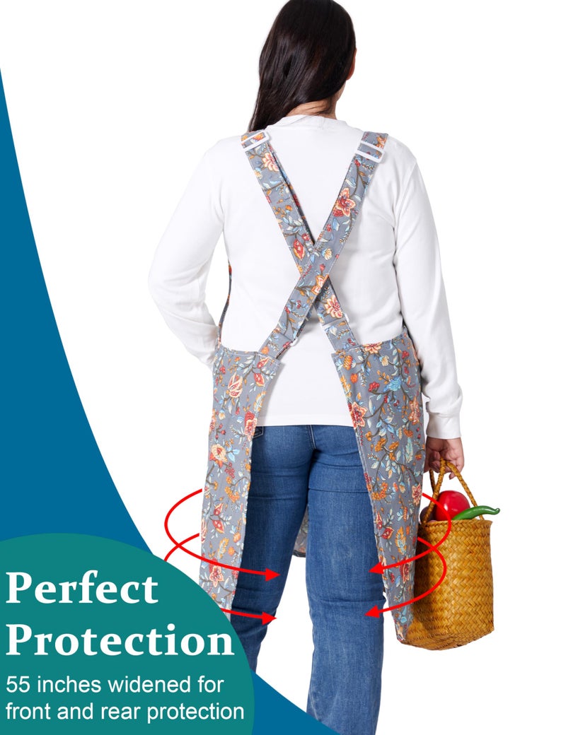 VIKIDEER Comfortable Huge Plus Size Aprons for Women Adjustable Cross Back Floral Cotton Linen Aprons Prunus Mume - Image 3