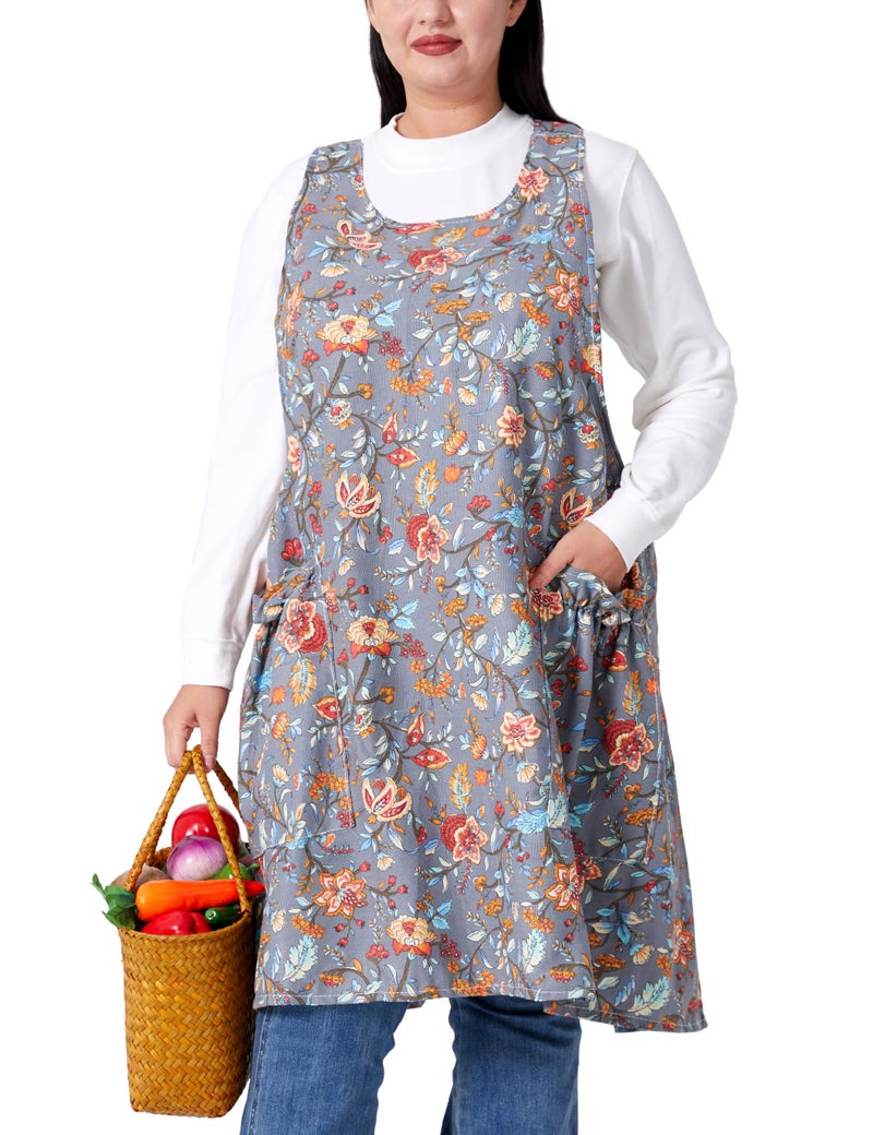 VIKIDEER Comfortable Huge Plus Size Aprons for Women Adjustable Cross Back Floral Cotton Linen Aprons Prunus Mume - Image 1