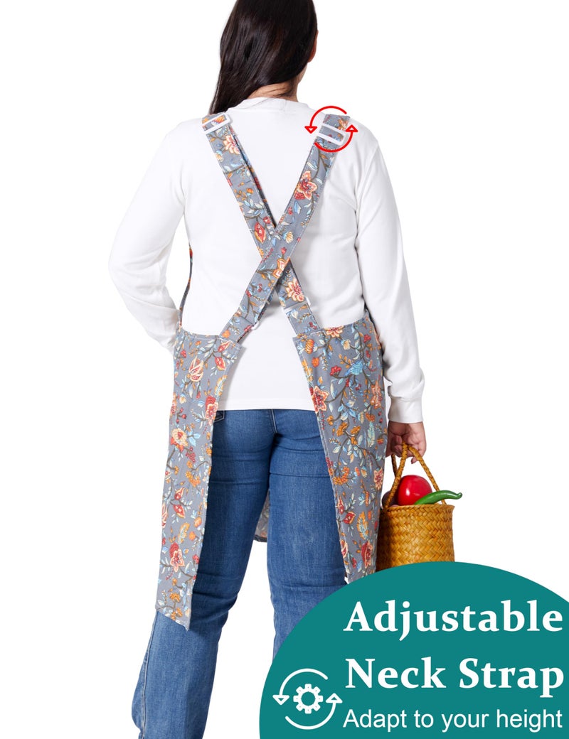 VIKIDEER Comfortable Huge Plus Size Aprons for Women Adjustable Cross Back Floral Cotton Linen Aprons Prunus Mume - Image 5
