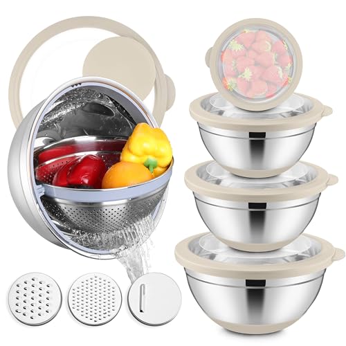 E-far Efar Mixing Bowls with Lids Set 15PCS Stainless Steel Mixing Nesting Bowl with Colander 3 Metal Grater for Kitchen PrepBakingStorage NonSlip Bottom Airtight Lid 46 3 15 1 07QT Khaki - Image 1