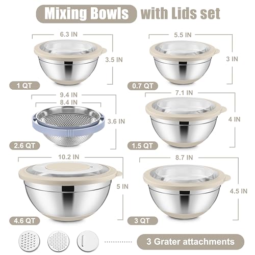 E-far Efar Mixing Bowls with Lids Set 15PCS Stainless Steel Mixing Nesting Bowl with Colander 3 Metal Grater for Kitchen PrepBakingStorage NonSlip Bottom Airtight Lid 46 3 15 1 07QT Khaki - Image 3
