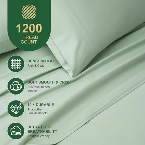 Ivellow 100 Egyptian Cotton Queen Size Sheets Set 1200 Thread Count 6 PC 18 Deep Pocket Queen SheetsLuxury Cotton Bed Sheets Soft Breathable Sage Green Cooling Sheet Sets Hotel Quality Bedding - Image 3