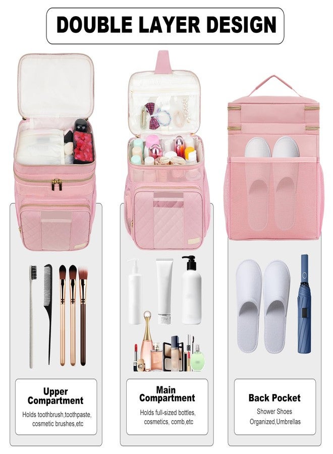 Jaffzora Portable Shower Caddy College Dorm Essentials, Large Toiletry Bag for Women Men, 2 Layers Quickly Dry Mesh Bathroom Tote Bag, Hanging Makeup Organizer Bag for Travel, Gym, Camping (Pink) - Image 3