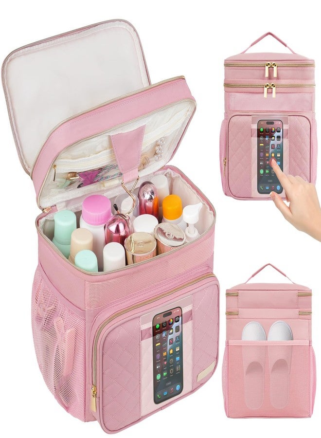 Jaffzora Portable Shower Caddy College Dorm Essentials, Large Toiletry Bag for Women Men, 2 Layers Quickly Dry Mesh Bathroom Tote Bag, Hanging Makeup Organizer Bag for Travel, Gym, Camping (Pink) - Image 1