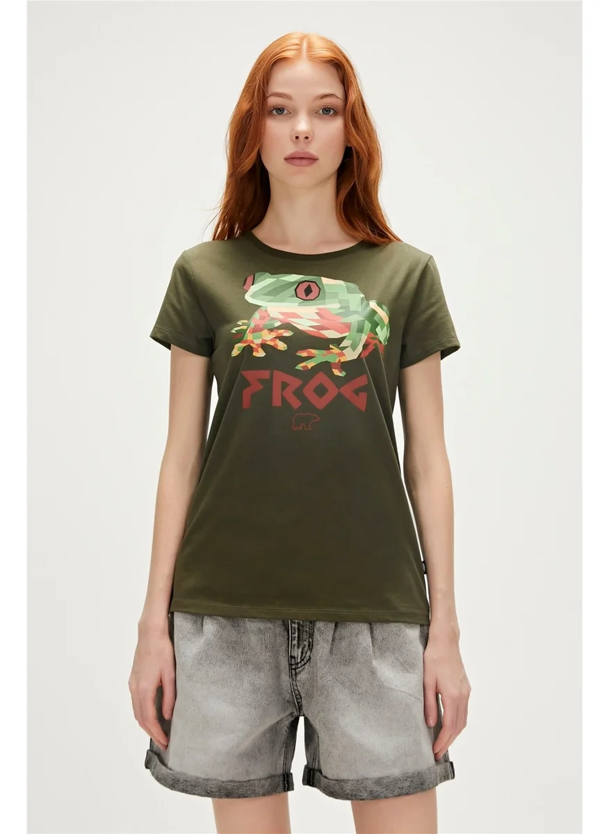 Bad Bear Frog T-Shirt Khaki Green Printed Women's T-Shirt10