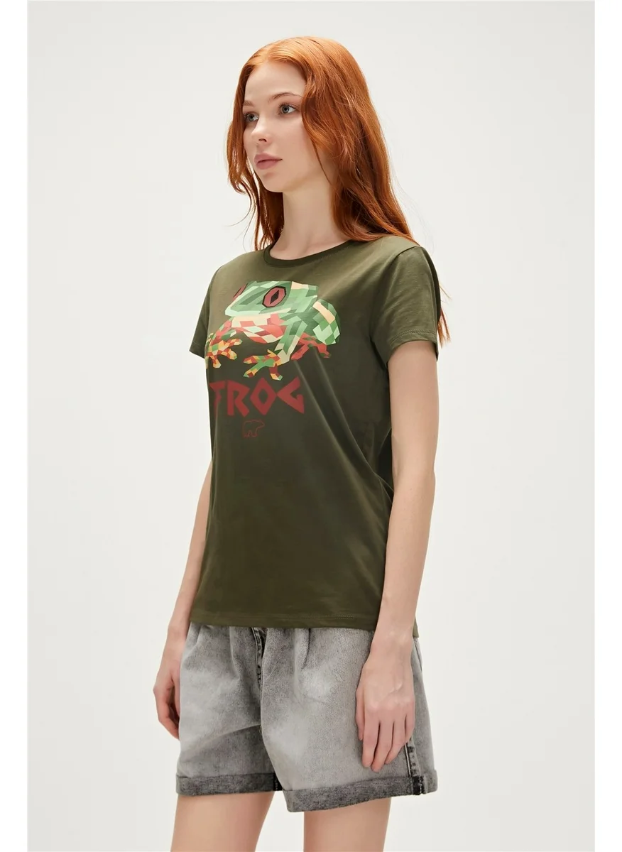 Bad Bear Frog T-Shirt Khaki Green Printed Women's T-Shirt10