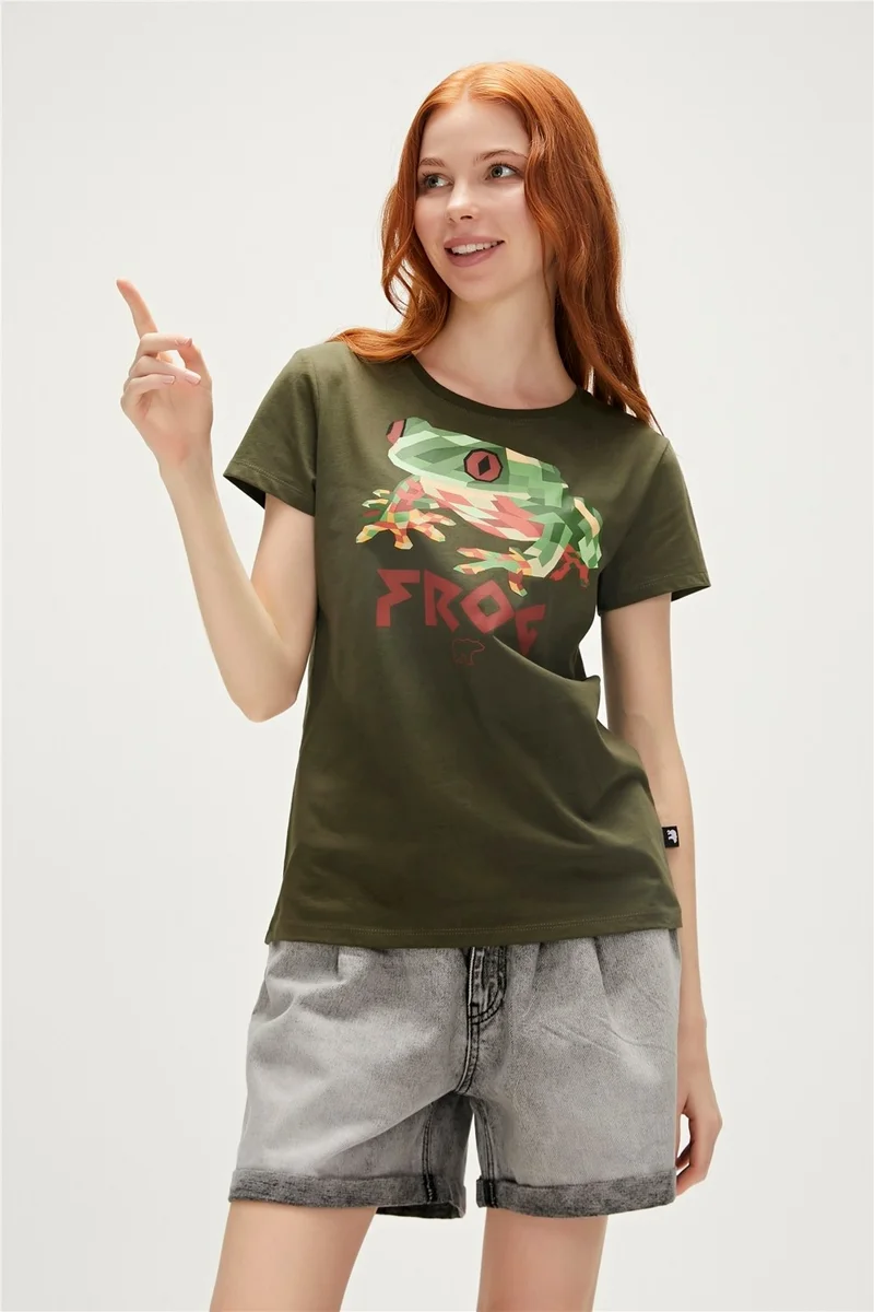 باد بير Frog T-Shirt Khaki Green Printed Women's T-Shirt10