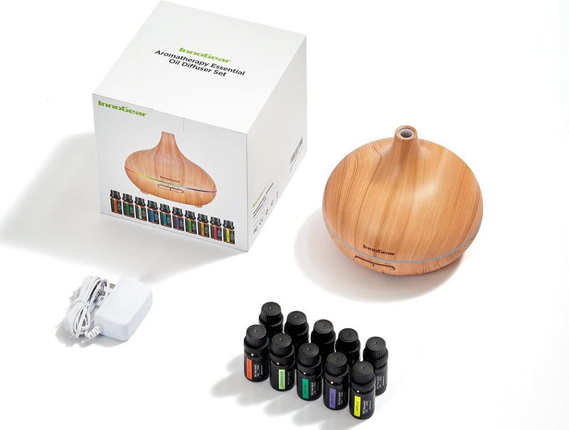 InnoGear Aromatherapy Diffuser & 10 Essential Oils Set, 400ml Diffuser Ultrasonic Diffuser Cool Mist Humidifier with 4 Timers 7 Colors Light Waterless Auto Off for Large Room Office, Yellow Wood Grain - Image 5