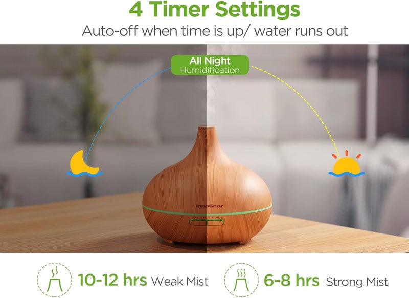 InnoGear Aromatherapy Diffuser & 10 Essential Oils Set, 400ml Diffuser Ultrasonic Diffuser Cool Mist Humidifier with 4 Timers 7 Colors Light Waterless Auto Off for Large Room Office, Yellow Wood Grain - Image 4