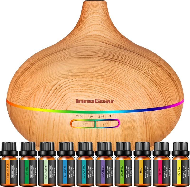 InnoGear Aromatherapy Diffuser & 10 Essential Oils Set, 400ml Diffuser Ultrasonic Diffuser Cool Mist Humidifier with 4 Timers 7 Colors Light Waterless Auto Off for Large Room Office, Yellow Wood Grain - Image 1