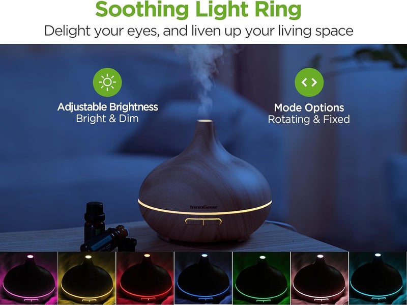 InnoGear Aromatherapy Diffuser & 10 Essential Oils Set, 400ml Diffuser Ultrasonic Diffuser Cool Mist Humidifier with 4 Timers 7 Colors Light Waterless Auto Off for Large Room Office, Yellow Wood Grain - Image 3