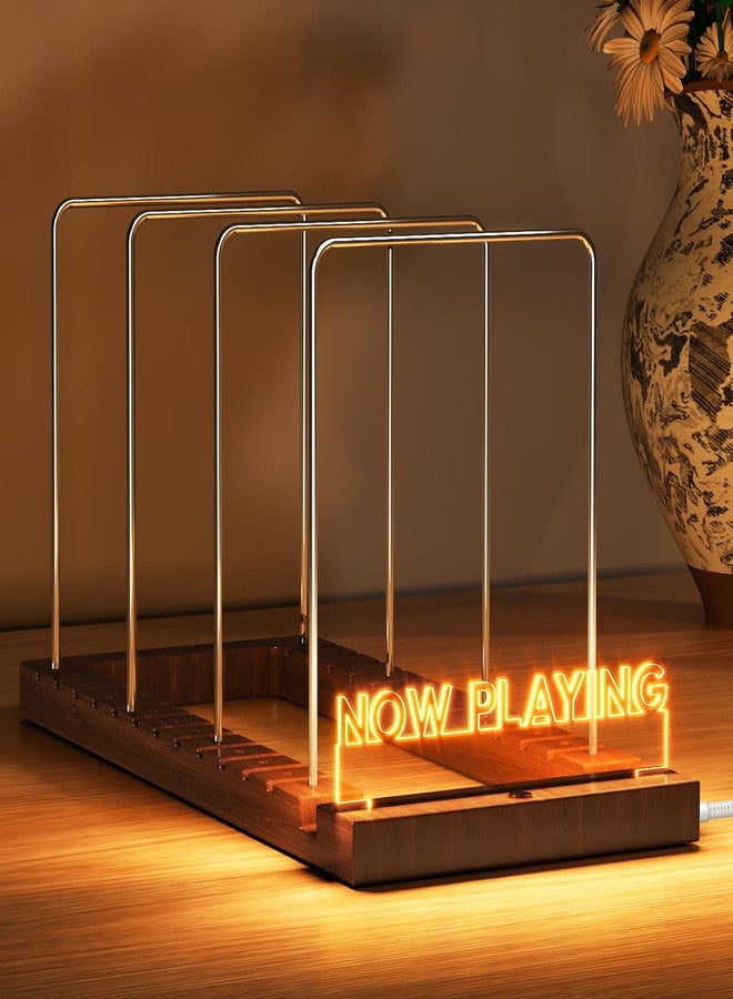 ان اي هوم حامل أسطوانات فينيل NiHome Now Playing مزود بإضاءة LED لعشاق الموسيقى، حامل آمن لما يصل إلى 80 أسطوانة LP، رف تخزين فينيل من الخشب والفولاذ المقاوم للصدأ بتصميم قابل للتعديل، عرض مكتبي بسيط - Image 1