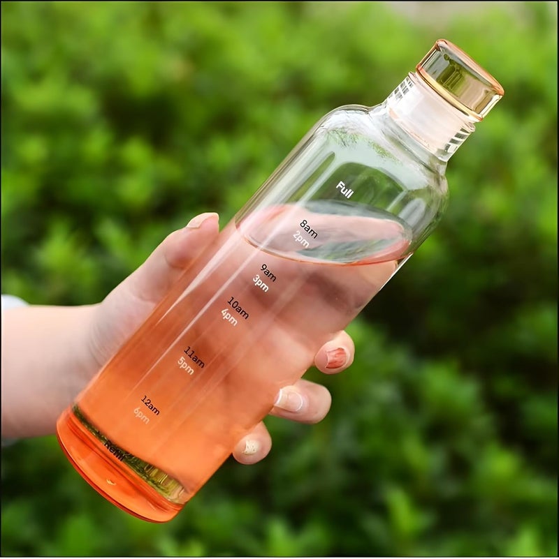 JIGSHTIAL زجاجات مياه بوروسيليكات، زجاجة مياه ثلاجة H2O مع غطاء، غطاء مانع للتسرب ومضاد للهواء، زجاجة مياه للمكتب، المدرسة، الكلية - زجاجات 500 مل مع علامة زمنية (برتقالي 500 مل) - Image 1