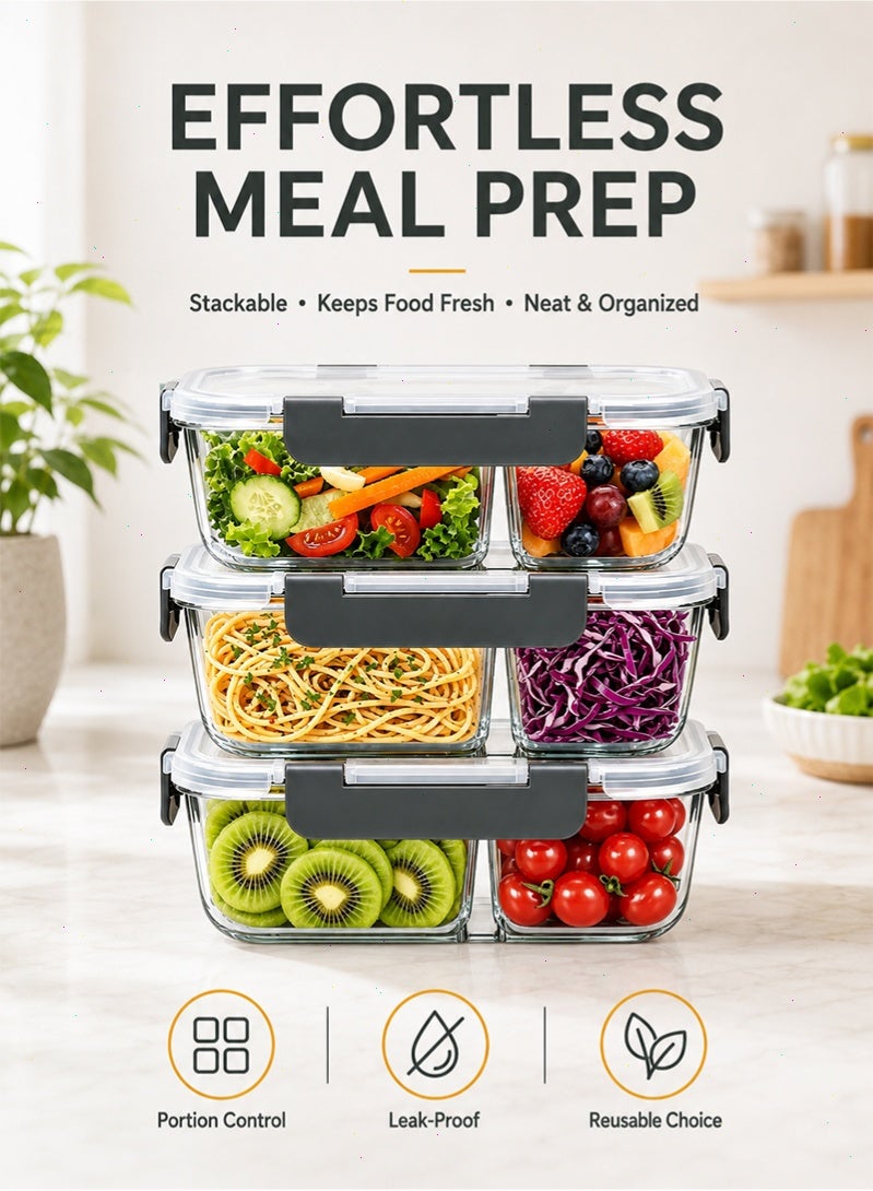 Topyich 3 Pack Glass Meal Prep Containers，Leak Proof Snap Lock Food Storage，2 Compartment Divided Lunch Containers Microwave & Dishwasher Safe - Image 1