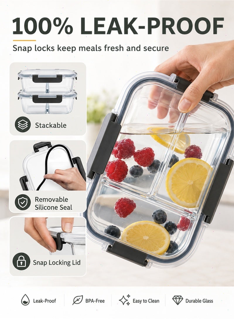 Topyich 3 Pack Glass Meal Prep Containers，Leak Proof Snap Lock Food Storage，2 Compartment Divided Lunch Containers Microwave & Dishwasher Safe - Image 3