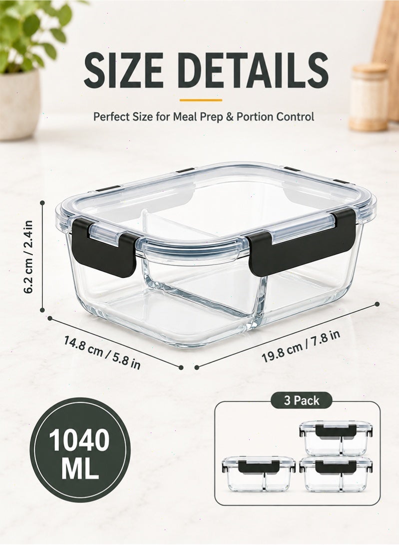 Topyich 3 Pack Glass Meal Prep Containers，Leak Proof Snap Lock Food Storage，2 Compartment Divided Lunch Containers Microwave & Dishwasher Safe - Image 2