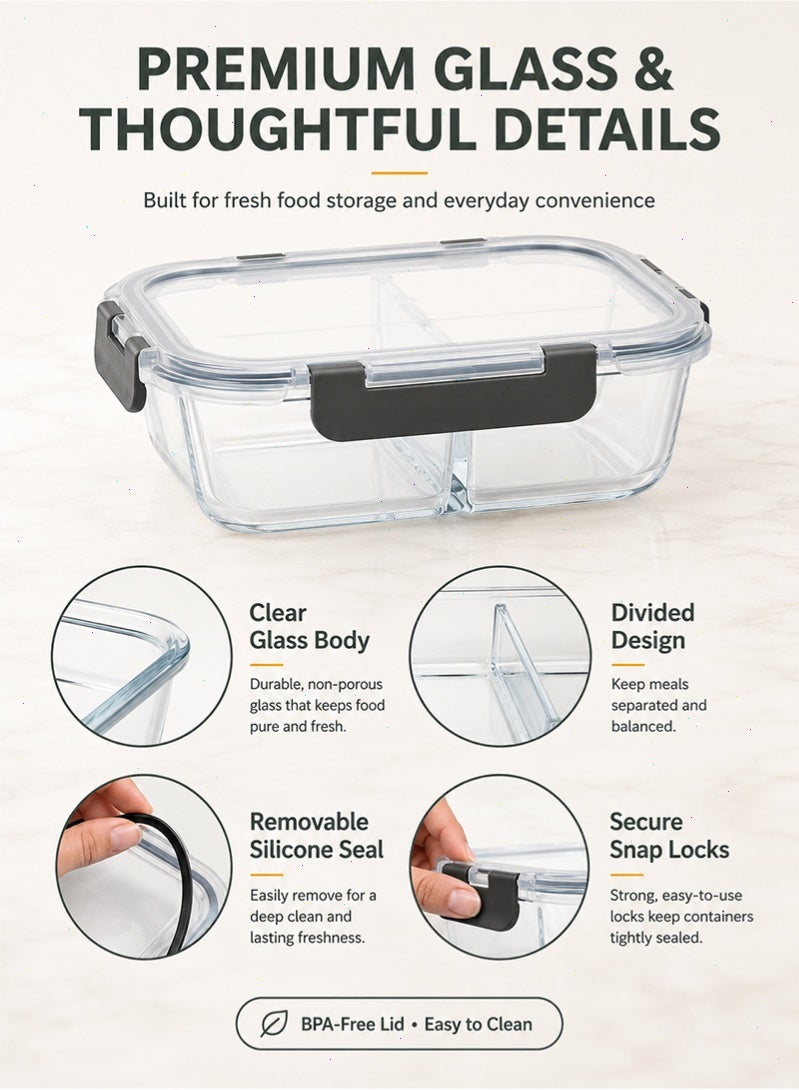 Topyich 3 Pack Glass Meal Prep Containers，Leak Proof Snap Lock Food Storage，2 Compartment Divided Lunch Containers Microwave & Dishwasher Safe - Image 4