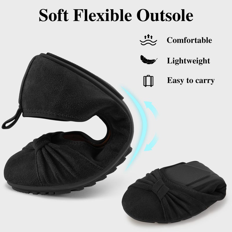 Ecetana Womens Flats Shoes Dressy: Round Toe Bowknot Suede Foldable Comfortable Casual Slip On Ballet Loafers Black - Image 5