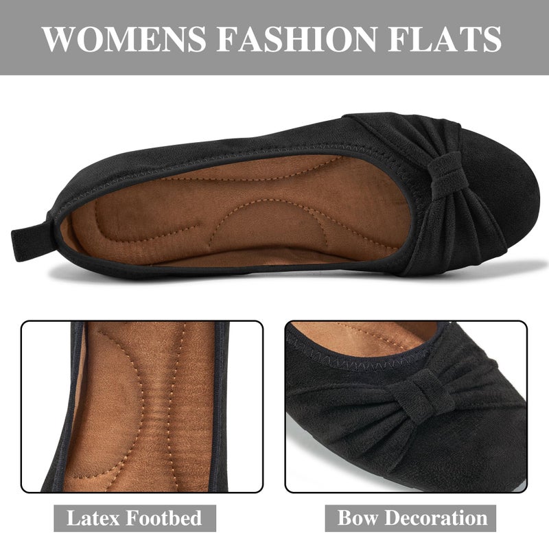 Ecetana Womens Flats Shoes Dressy: Round Toe Bowknot Suede Foldable Comfortable Casual Slip On Ballet Loafers Black - Image 4