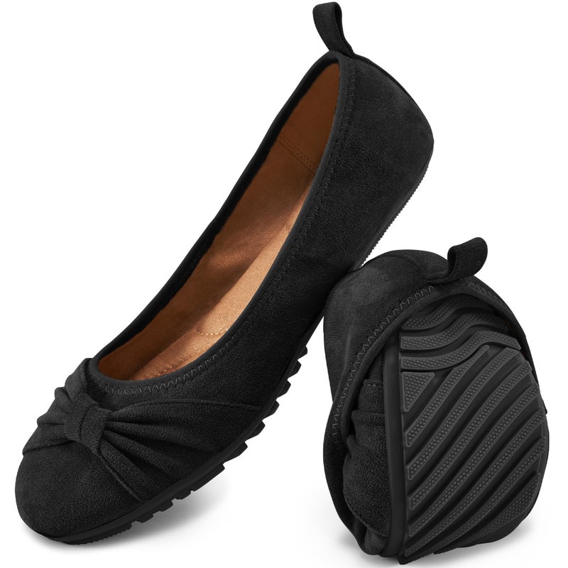 Ecetana Womens Flats Shoes Dressy: Round Toe Bowknot Suede Foldable Comfortable Casual Slip On Ballet Loafers Black - Image 1