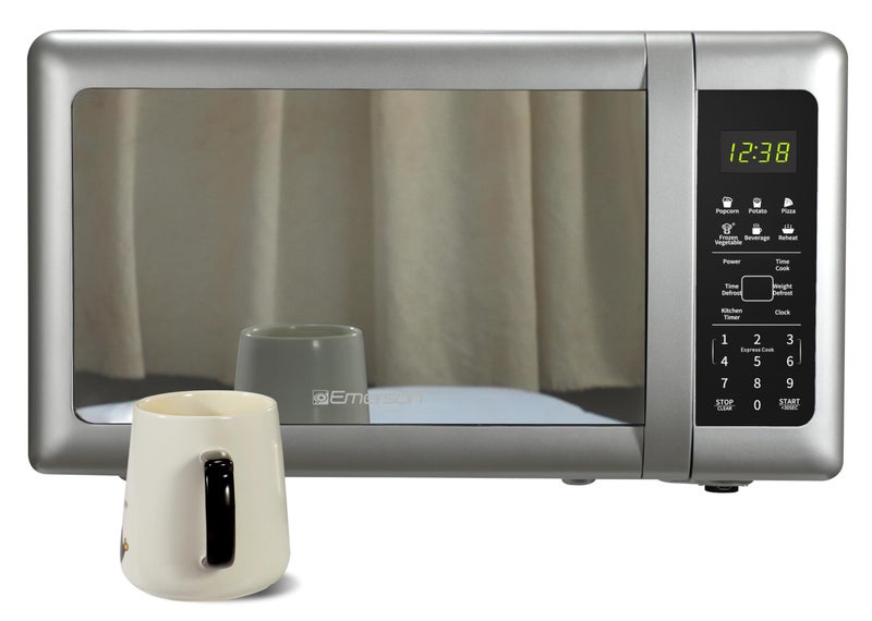 Emerson MW7601SL Countertop Microwave Oven with Sleek Mirrored Finish Glass Door, 700W, 10 Power Levels and 6 Pre-Programmed Settings with Child Safe Lock, 0.7. Cu. Ft., Silver - Image 1