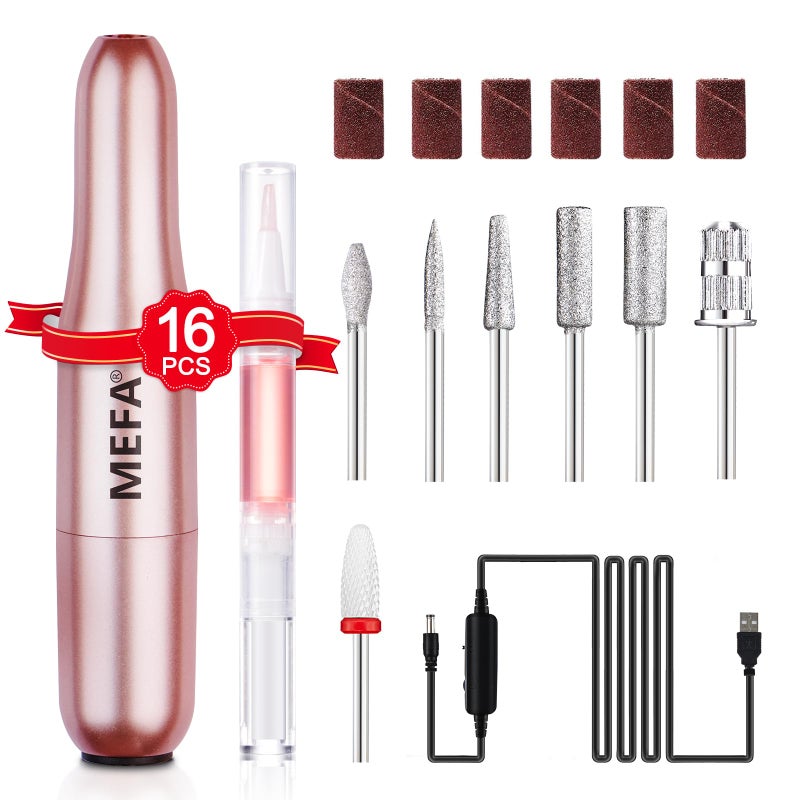 MEFA Nail Drill 16 PCS Kit Electric Nail Drill with Nail Drill Bits  Cuticle Oil Pen Portable Electric Nail File Professional 20000RPM Manicure Pedicure Nail Set Efile Nail Drill for Home Salon