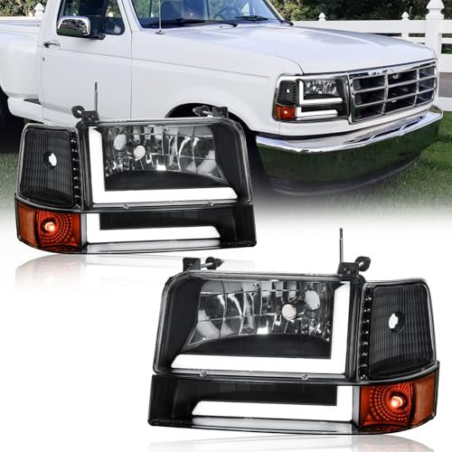 Fullux LED DRL Headlights Compatible with 1992-1996 Ford F150 F250 F350 & Ford Bronco Replacement Headlamp Amber Reflector Black Housing - Image 1