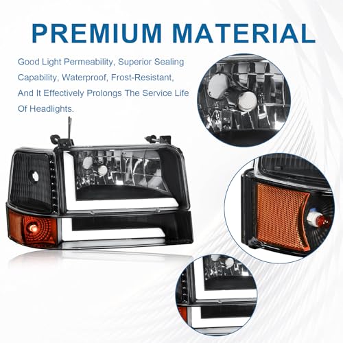Fullux LED DRL Headlights Compatible with 1992-1996 Ford F150 F250 F350 & Ford Bronco Replacement Headlamp Amber Reflector Black Housing - Image 3