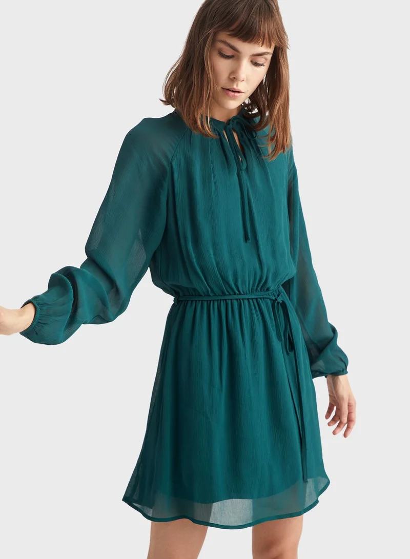 DeFacto Sheer Sleeve Tie Neck Dress