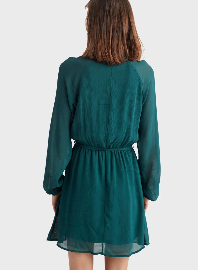 DeFacto Sheer Sleeve Tie Neck Dress