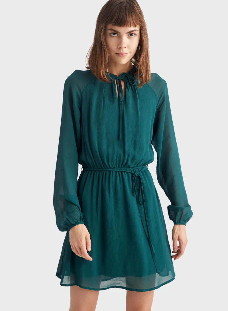 DeFacto Sheer Sleeve Tie Neck Dress