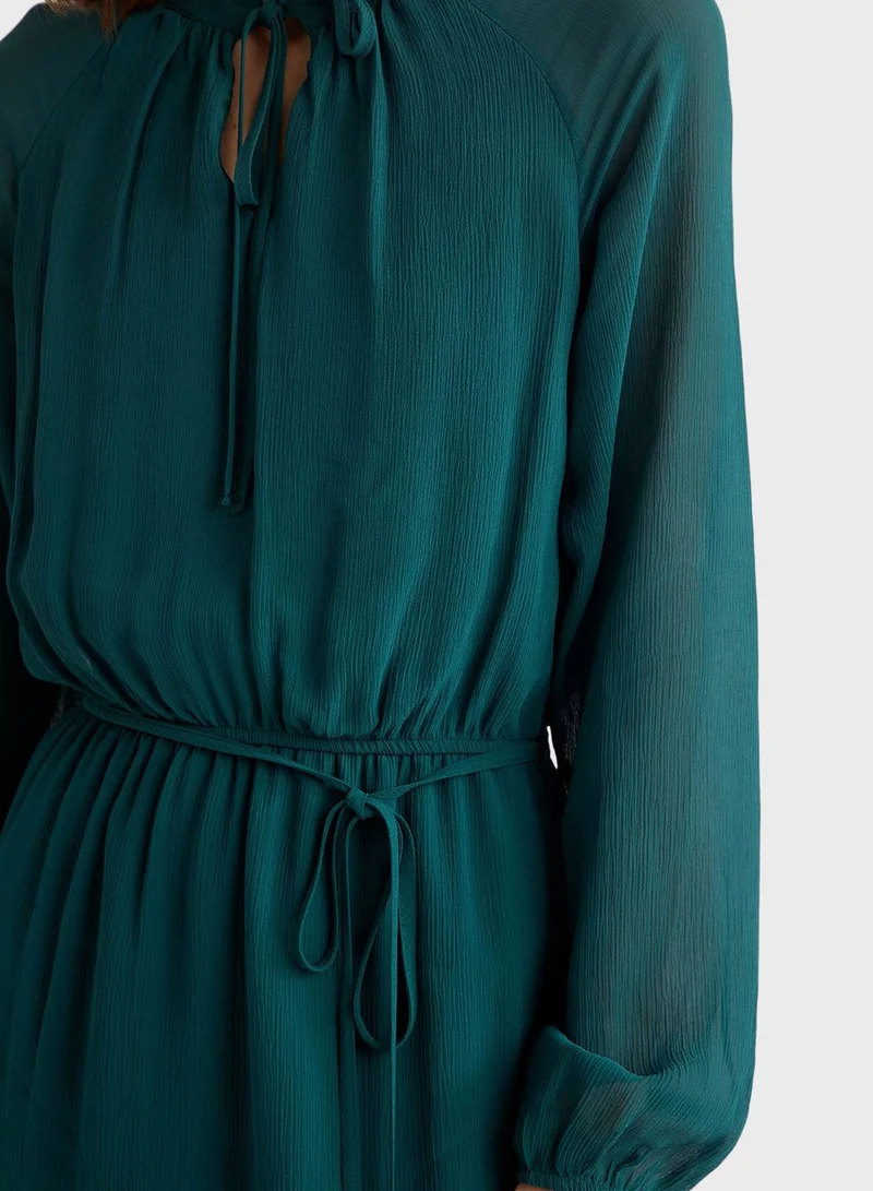 DeFacto Sheer Sleeve Tie Neck Dress